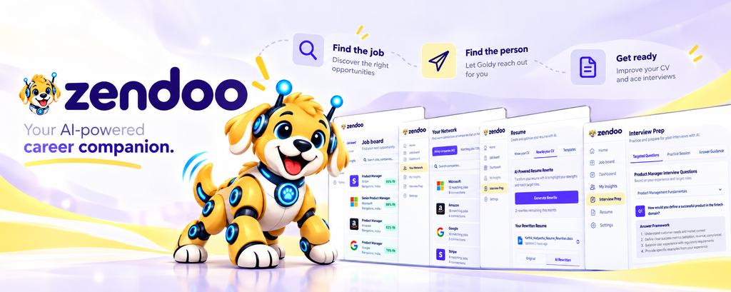 Zendoo banner showing Goldy alongside job search, networking, resume, and interview tools.